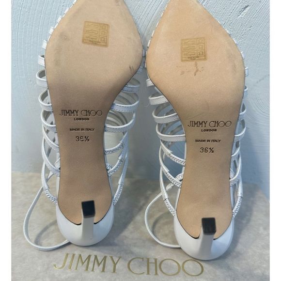 Jimmy Choo Thu 85 White Nappa Leather Sling Back Heels with Horizontal Straps - Picture 10 of 16